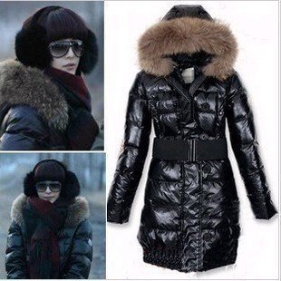 Women's Real Fur Down Coat Lady Long Jacket Hood & Belt Winter Clothes Black