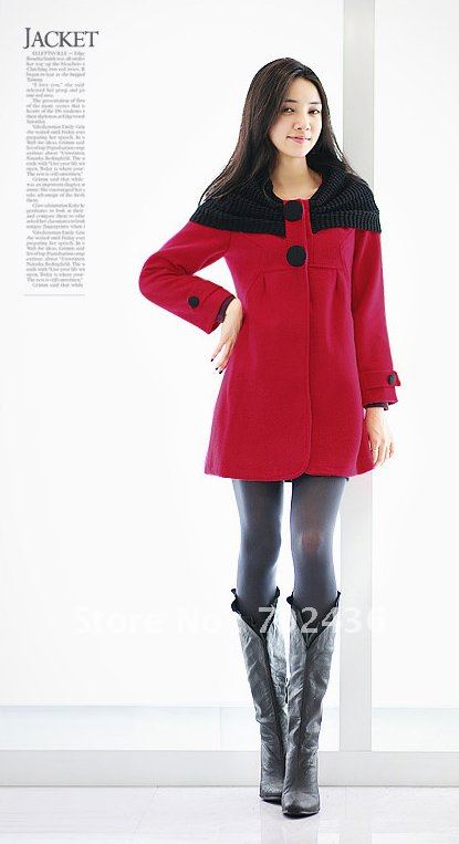 Women's Red Button Mold Embellished Wool Coat SIZE M L