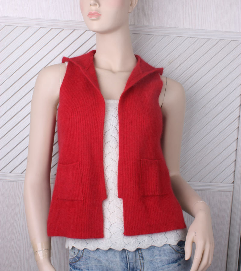 Women's red casual cardigan hooded sleeveless mink sweater