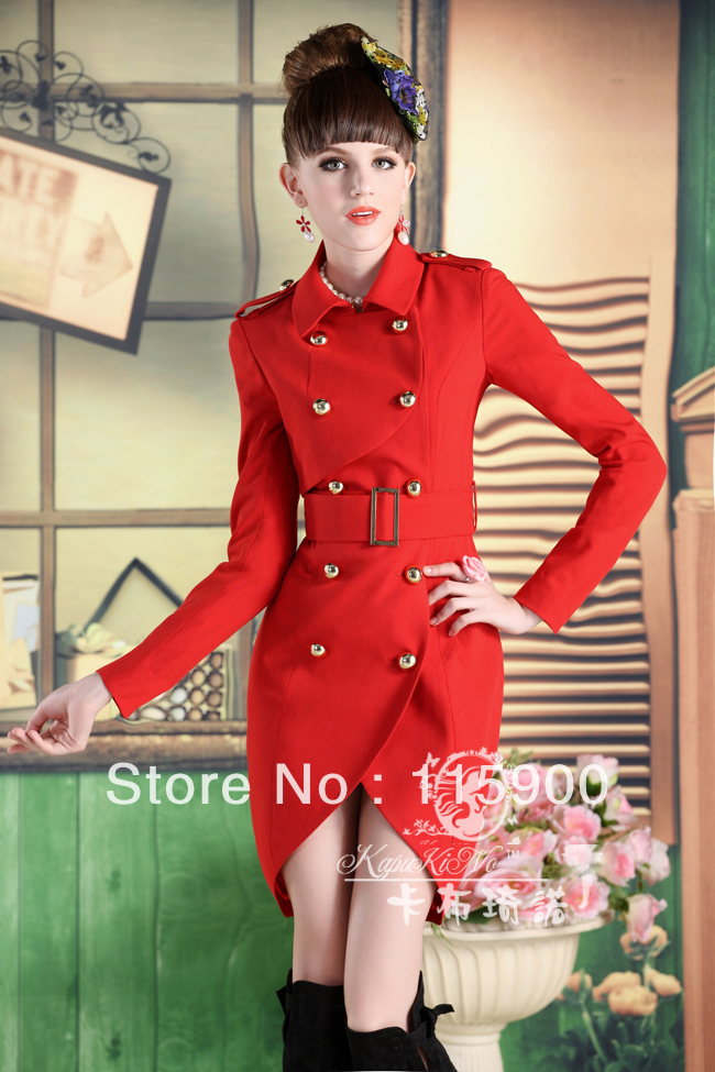 women's red double breasted slim tight long-sleeve trench outerwear