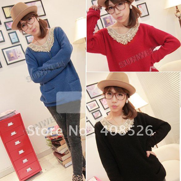 Women's Retro Long Sleeve Crew Neck Double Pockets Comfort Knitted Sweater Knitwear pullovers 4 colors free shipping 7862