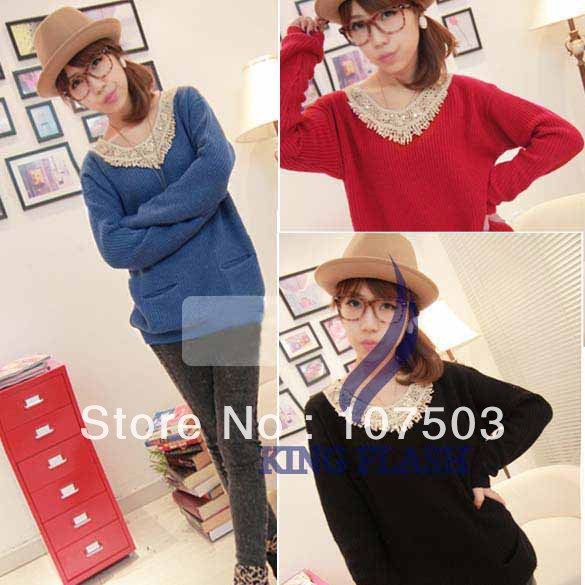 Women's Retro Long Sleeve Crew Neck Double Pockets Comfort Knitted Sweater Knitwear pullovers 4 colors free shipping 7862