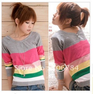 women's reversible all-match stripe V-neck sweater 203760 Free shipping