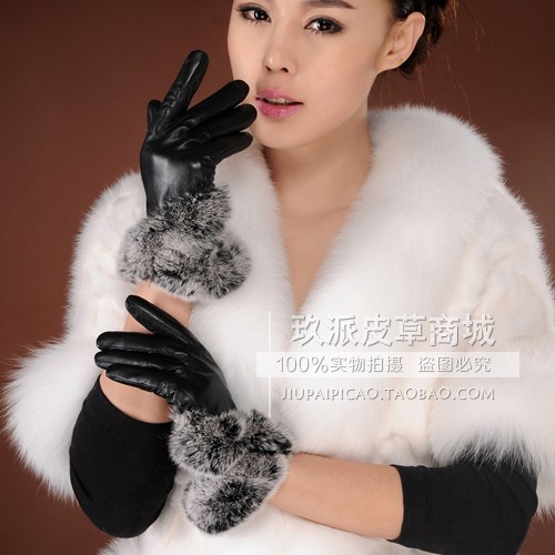 Women's rex rabbit hair genuine leather gloves Women sheepskin gloves winter thermal fleece lined leather gloves Free Shipping
