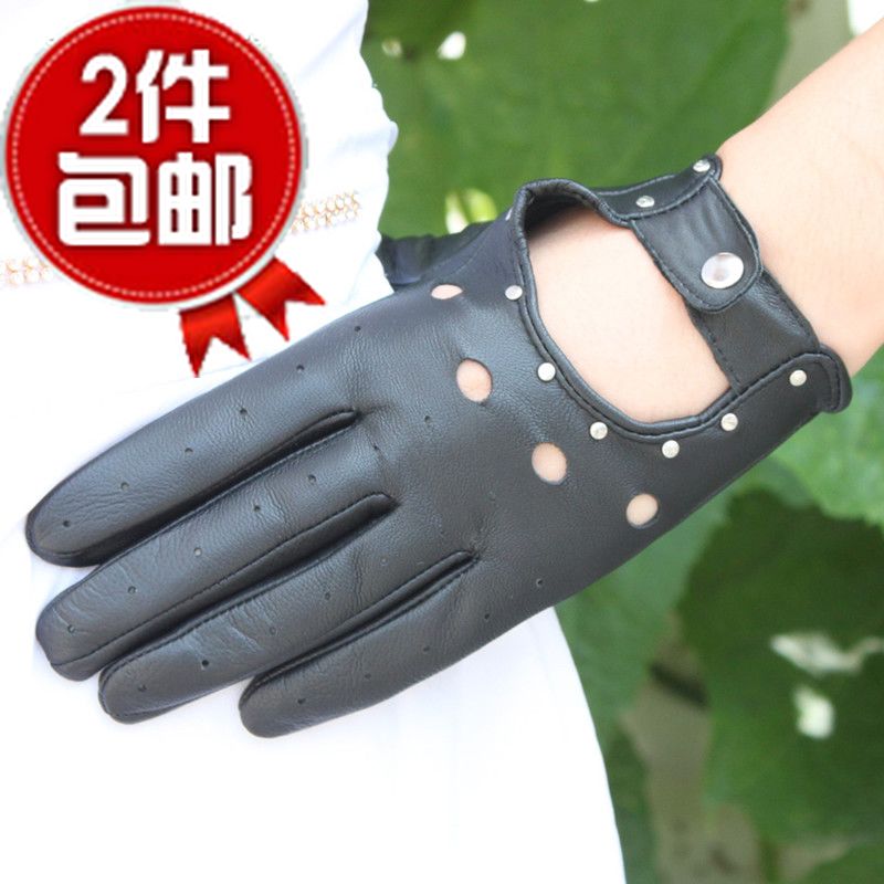 Women's rivet black leather gloves genuine leather gloves thin female short design sheepskin gloves