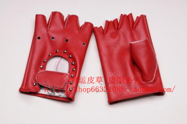 Women's rivet cutout semi-finger mitring faux leather genuine leather gloves