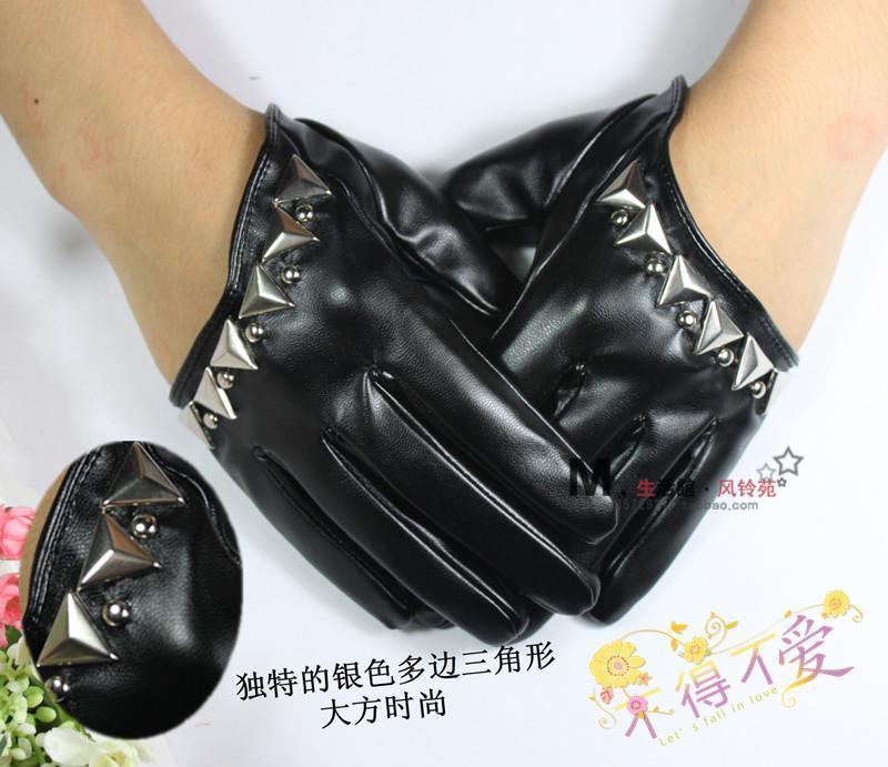 Women's rivet short design faux leather gloves repair women's PU fashion full finger gloves