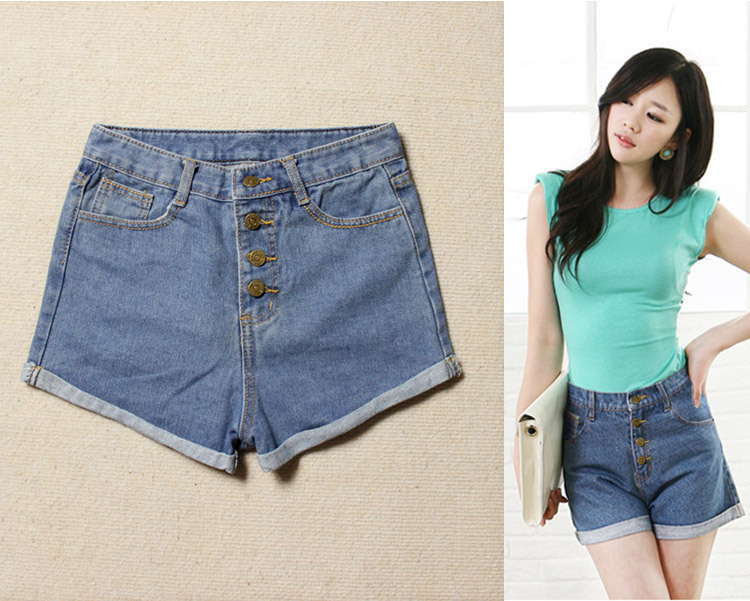 Women's roll-up hem shorts high waist jeans 4 breasted shorts loose denim shorts