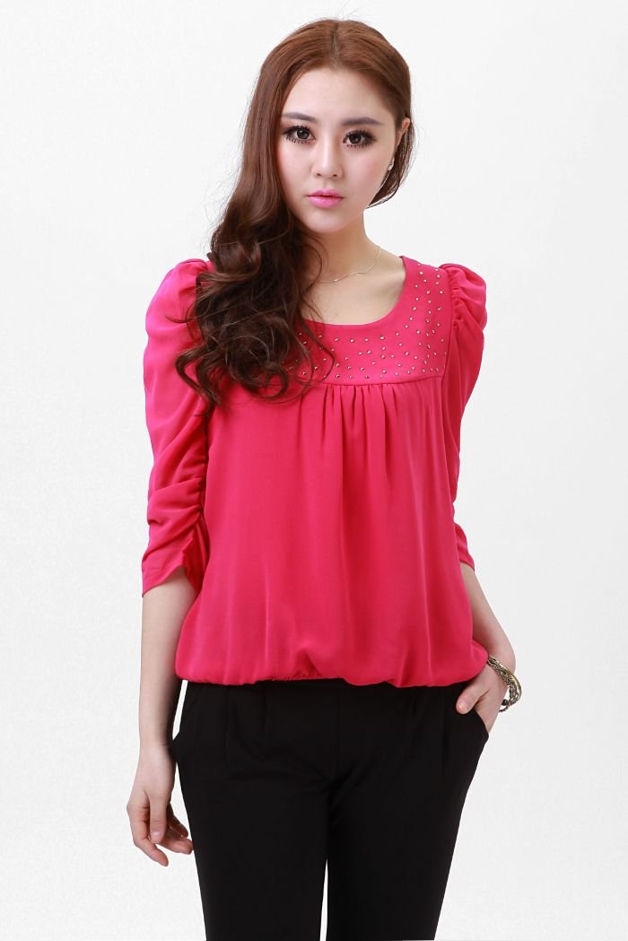 Women's Rose Pink Crystal blouse/lovely shirt/princess blouse/Ladies Fashion shirt(many color and M-XXL sizes)-Free Shipping