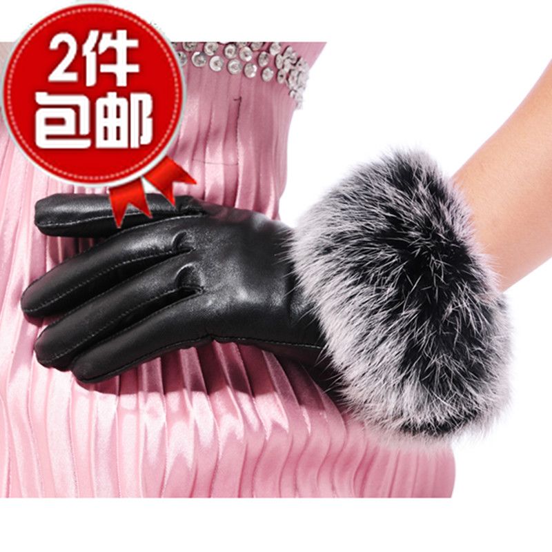 Women's round rabbit fur sheepskin gloves female thermal genuine leather gloves leather gloves 2