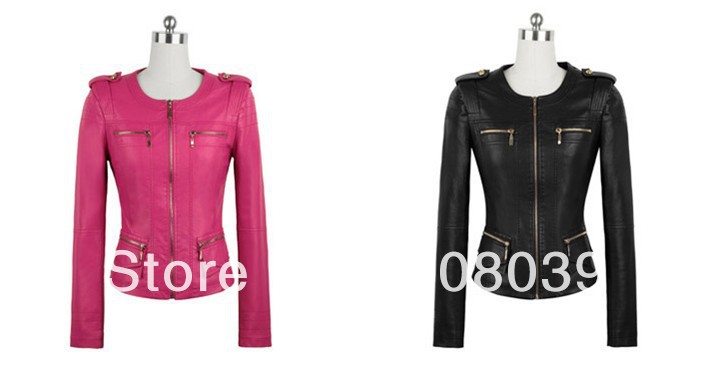 Women's self-cultivation black and Pink rivet decorative leather coat leather jacket