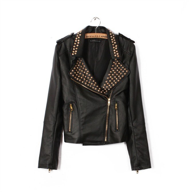 Women's self-cultivation black rivet decorative leather coat leather jacket TR1960