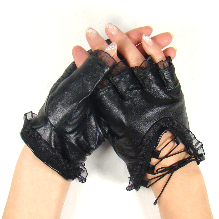Women's semi-finger genuine leather gloves mittens lace decoration fashion gloves