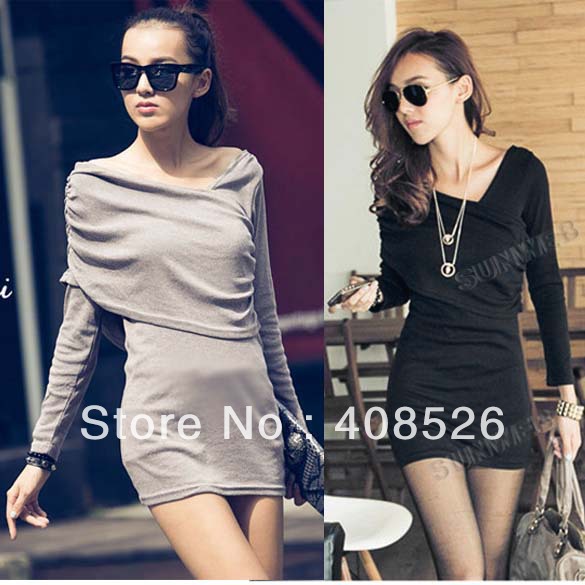 Women's Sexy Bag Hip Oblique Shoulder v neck Bottoming Dress Long Sleeve Shirt 3colors free shipping 9143