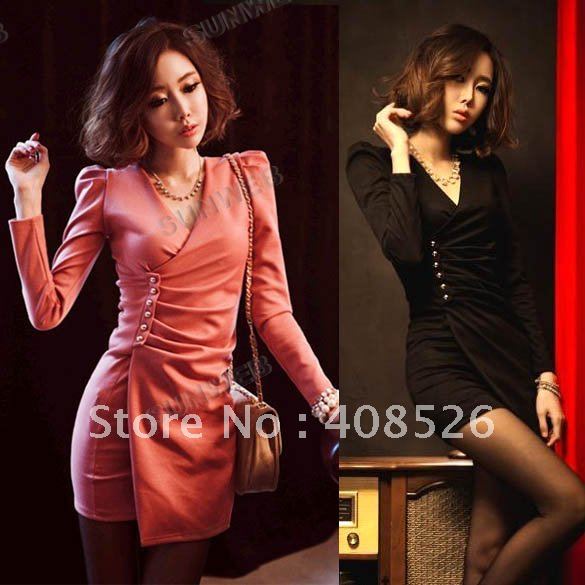 Women's Sexy Cotton Slim fit Long sleeve Dress Princess Hip-length Top Button Orange, Black free shipping 7380