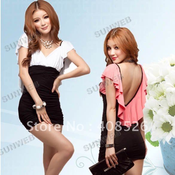 Women's Sexy Deep V-Neck Dress Lotus Leaf Bare Back Sleeveless Slim Mini Free shipping 3629