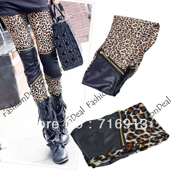 Women's Sexy Imitation Leather Patchwork Zipper Leopard Print Leggings Thin Stretch Tights Skinny Pants Free Shipping 10033