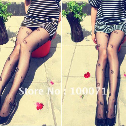 Women's Sexy Lip Kiss Jacquard Pattern Pantyhose Tights Stockings 04  [20802|01|01]