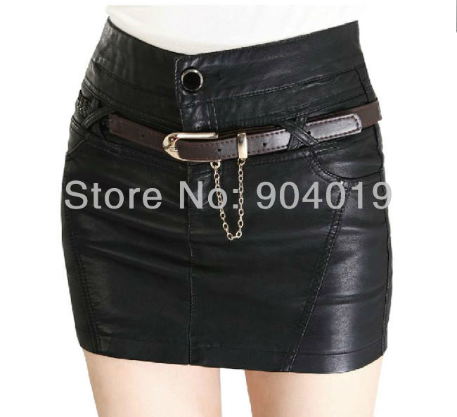 Women's Sexy PU Leather Poacket Belt Zipper Short Skirt Mini Dress M-XXXL