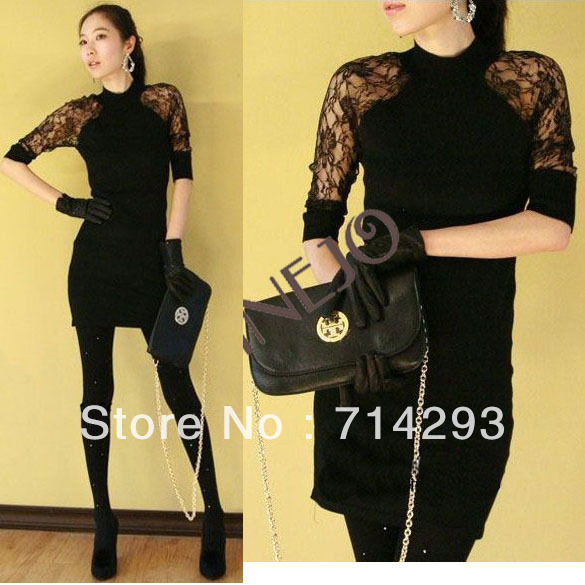 Women's Sexy Slim Backless Long Sleeve Lace Render Bag Hip Mini Dress free shipping 8437