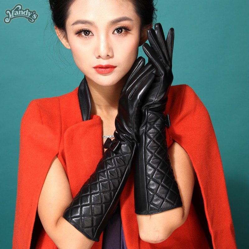 Women's sheepskin genuine leather gloves fashion 38cm bow long design women's thermal