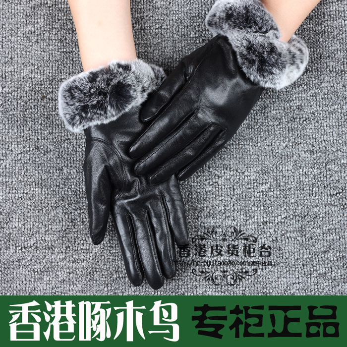 Women's sheepskin genuine leather gloves plus velvet thermal rex rabbit hair wool