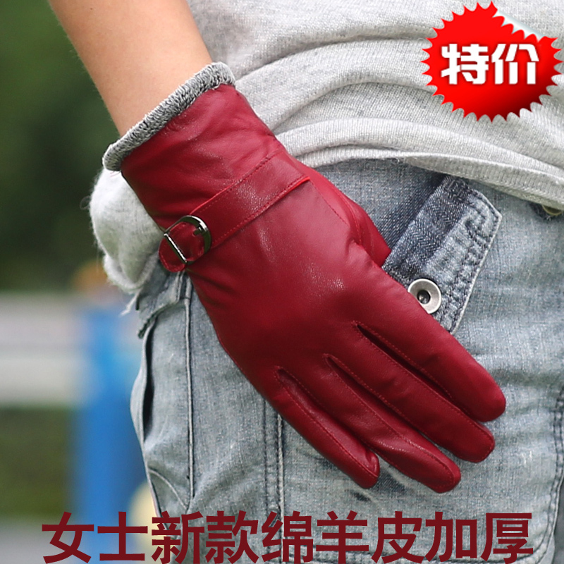 Women's sheepskin gloves genuine leather fashion hasp thick winter thermal gloves