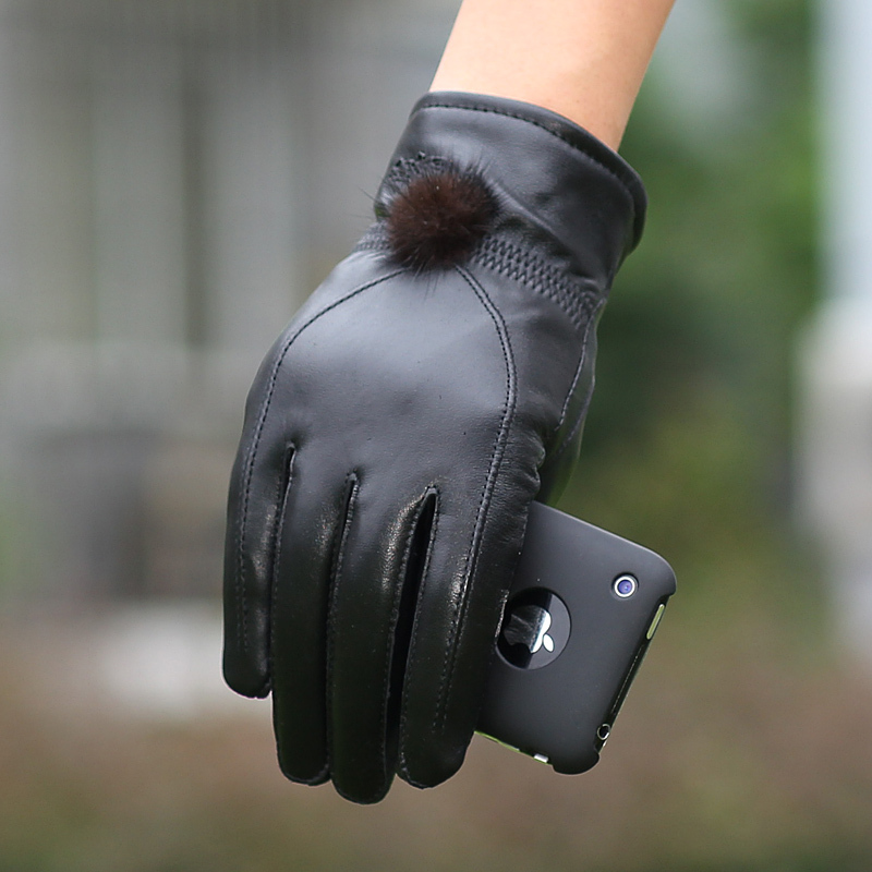 Women's sheepskin gloves genuine leather gloves thick fashion mink hair ball winter thermal