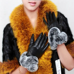 Women's sheepskin gloves rex rabbit hair looply women's genuine leather gloves