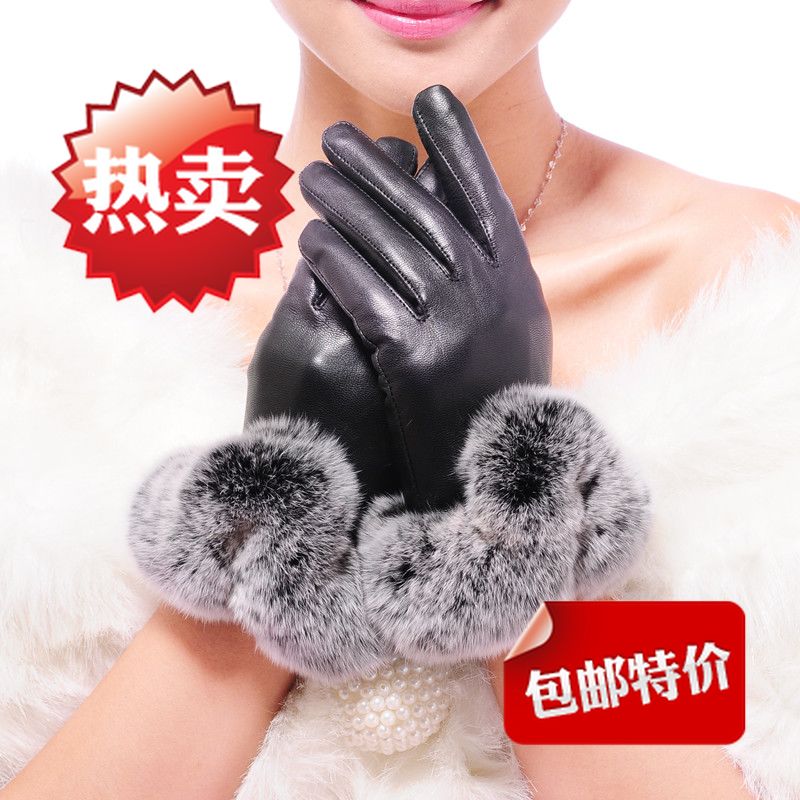 Women's sheepskin gloves short design winter thermal genuine leather gloves rex rabbit hair leather gloves
