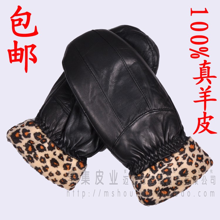 Women's sheepskin gloves winter thermal fingerless yarn genuine leather gloves plus velvet thickening black