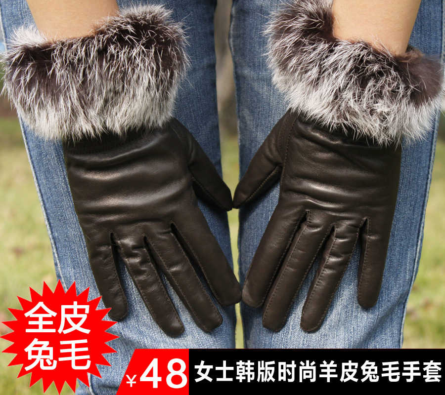 Women's sheepskin gloves winter thickening thermal gloves women's genuine leather gloves rabbit fur