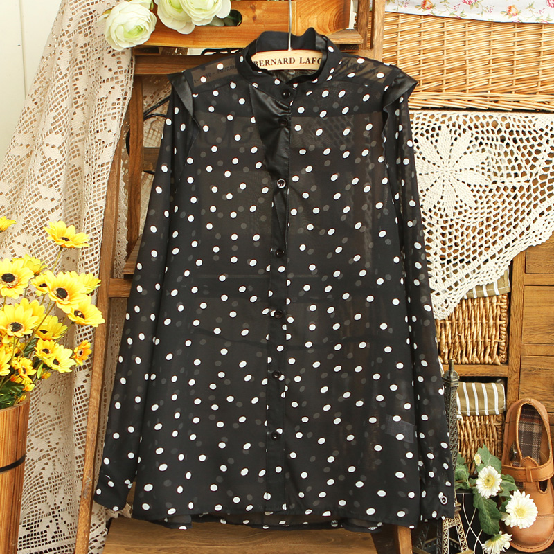 women's shirts - 2013 spring sweet patchwork double layer stand collar dot chiffon shirt 0225 female