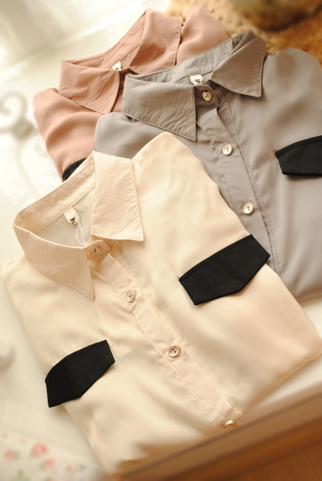 women's shirts 2013 spring vintage fashion peter pan silky long-sleeve pocket patchwork slim shirt