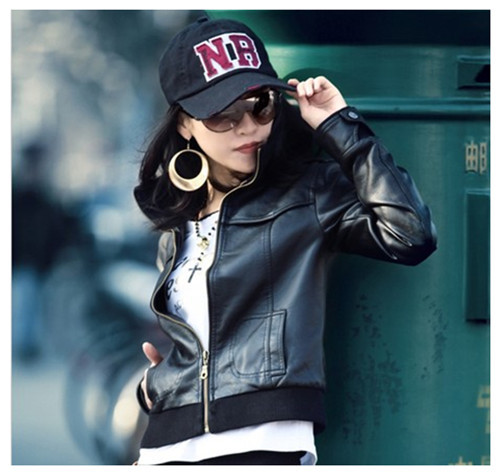 Women's Short Coat Faux Leather Knitting Brought Button Outerwear PU Motorcycle/Biker Jacket
