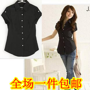 women's short-sleeve shirt slim 100% cotton shirt black white grey