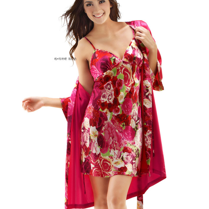 women's Silk sleepwear female twinset 2 pcs lounge robe gown dress sets sexy spaghetti strap nightgown luxury rose print 028-026