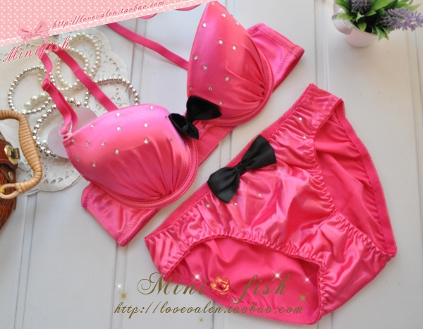 Women's single-bra sexy queen rhinestone bow underwear set bar