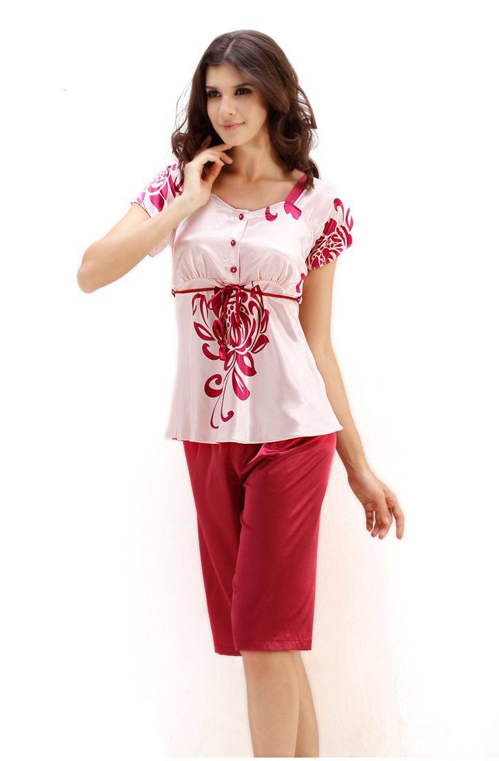 Women's Sleepwear New Arrival faux silk Lounge Simple and Natural Short-sleeve Capris Twinset