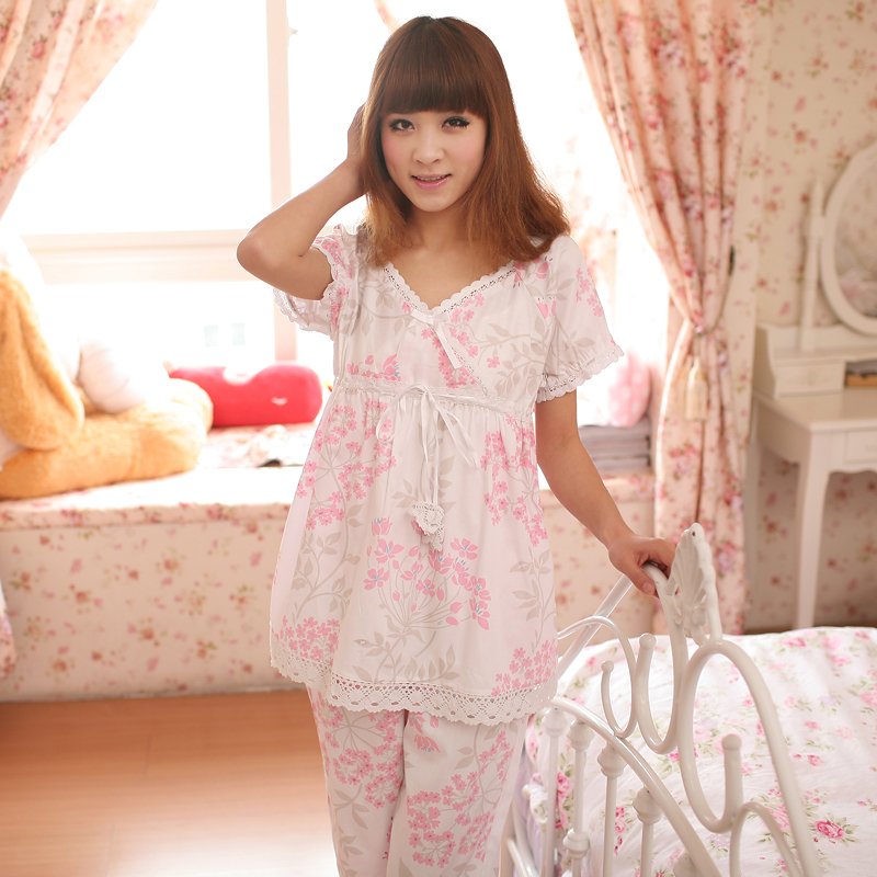Women's sleepwear sweet princess woven rose 100% cotton cloth short-sleeve lounge set 1646