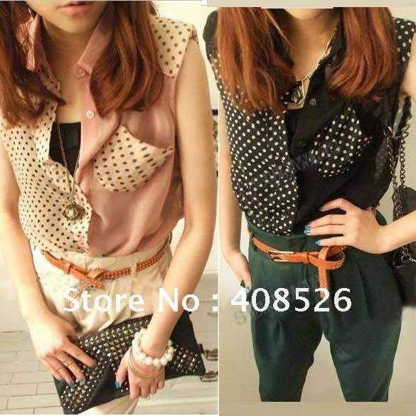 Women's Sleeveless V- Neck Button Chiffon Shirt Blouse Stylish Black Pink free shipping 7093