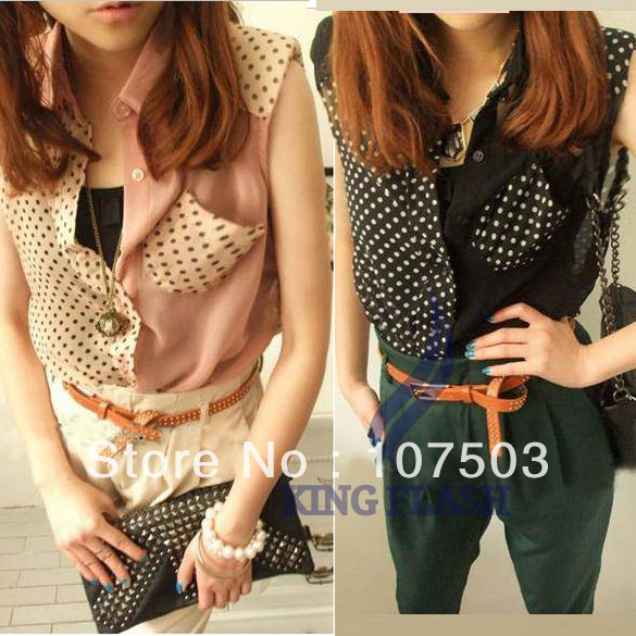 Women's Sleeveless V- Neck Button Chiffon Shirt Blouse Stylish Black Pink free shipping 7093