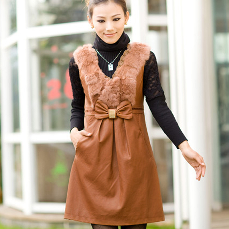 Women's slim bow elegant rex rabbit hair vest tank dress one-piece dress leather skirt