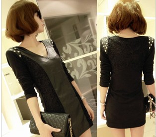Women's slim faux leather long-sleeve slim hip sexy lace basic spring and autumn one-piece dress