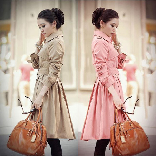 Women's Slim Fit Elegant Double Breasted Overcoat Outwear Long Pattern Ladies' Trench 3 Color  # L034217
