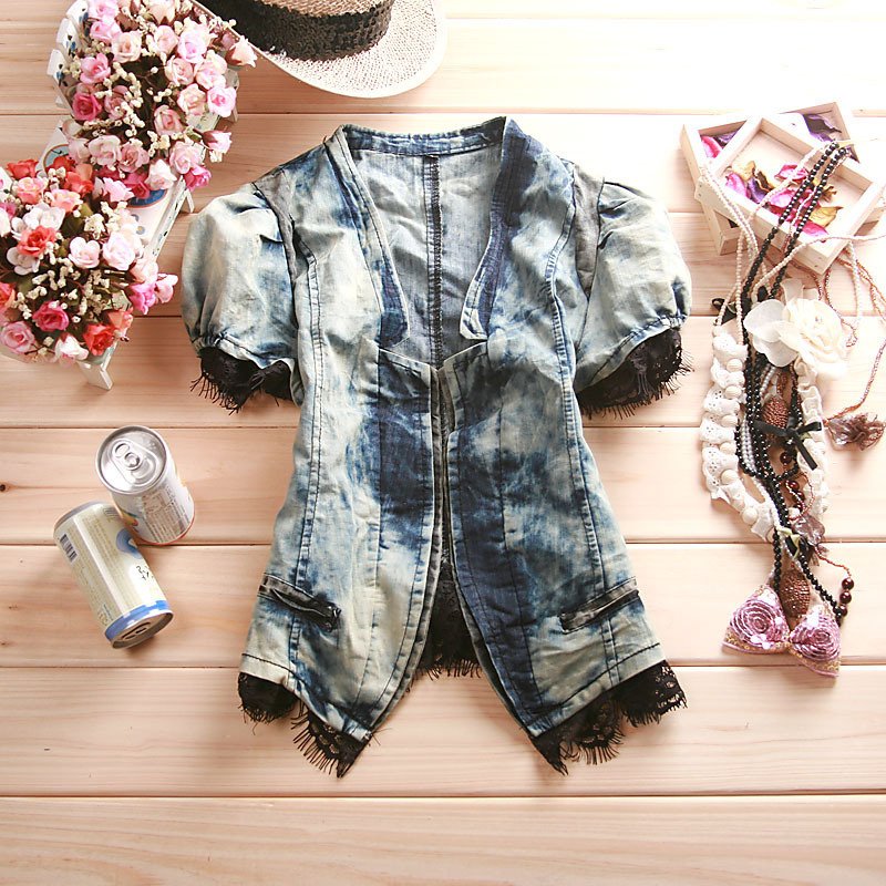 women's slim lace short-sleeve denim outerwear short jacket small cape top