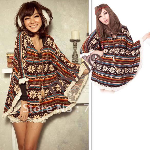 Women's Snowflakes Prints Tassels Hem Style Cloak Poncho Cape Sweater Cloak Tops Coat Outerwear 7793