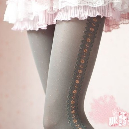 women's socks Autumn black grey vintage stockings thick vertical stripe lace flower dot pantyhose pantistocking