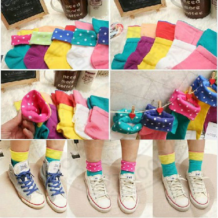 women's socks cute summer faux two piece roll up hem polka dot socks