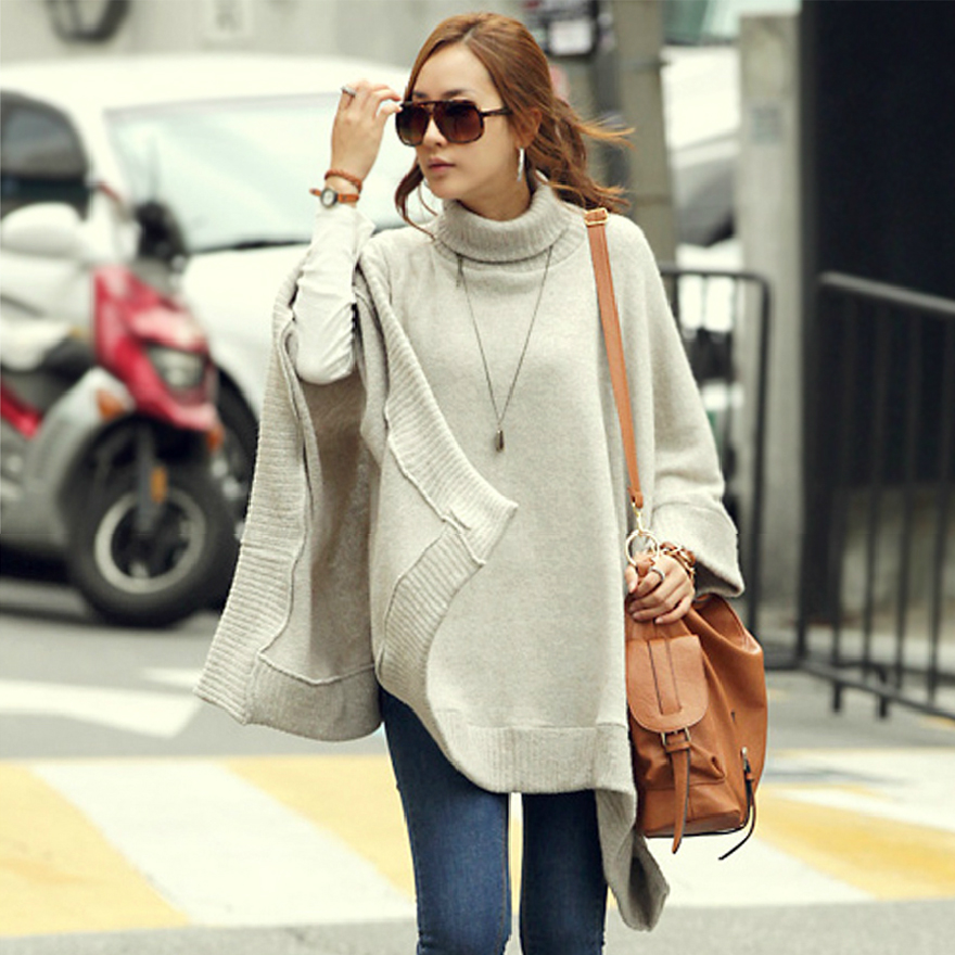 Women's solid color pullover turtleneck sweater poncho